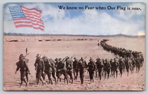 Military~Know No Fear~Soldiers Marching In Field~Landscape~USA Flag~c1910 PC