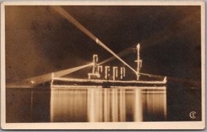 Vintage Steamship Ship RPPC Real Photo Postcard Night Scene Illuminated Lights 