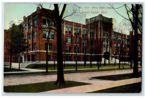 1910 New High School Building Exterior Grand Rapids Michigan MI Trees Postcard