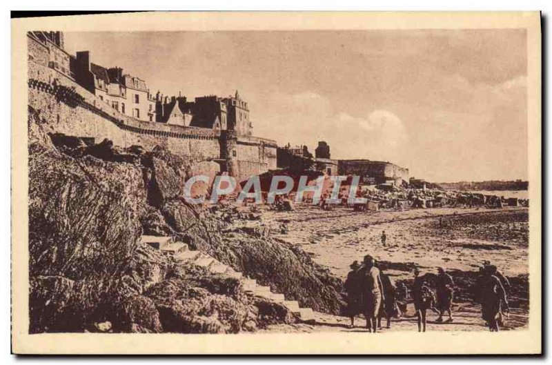 Old Postcard Saint Malo ramparts and beach Bon Secours