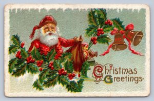 J92/ Santa Claus Christmas Postcard c1910 Bells Gold Holly 143