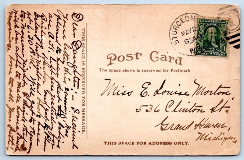 1909 TOWING LUMBER LADEN VESSELS through STURGEON BAY WISCONSIN POSTCARD