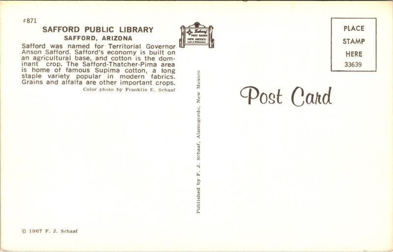 Safford Public Library Arizona AZ Postcard UNP VTG Schaaf Unused Vintage Chrome