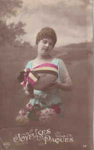 RP: EASTER, 1900-10s; Joyeuses Paques, Woman holding huge ribboned egg