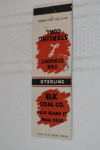 Sterling Coal Elk Coal Company Advertising 20 Strike Matchbook Cover