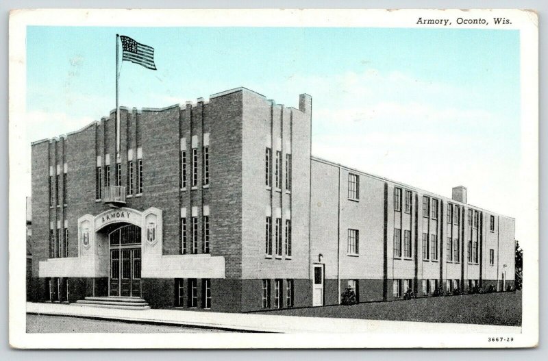 Oconto Wisconsin~National Guard Armory~1929 Blue Sky Postcard 