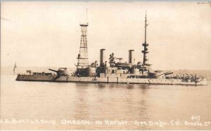 RPPC - San Diego, California - The U.S.S. Battleship Oregon in Harbor - 1940s