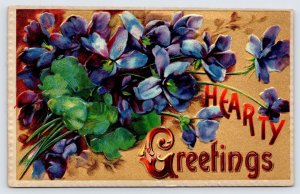 Hearty Greetings Embossed Floral Glossy Postcard c1910  P4