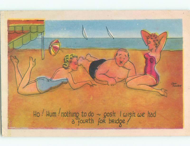 1944 risque signed MAN WITH TWO SEXY GIRLS AT BEACH WANTS 4TH FOR BRIDGE k3734