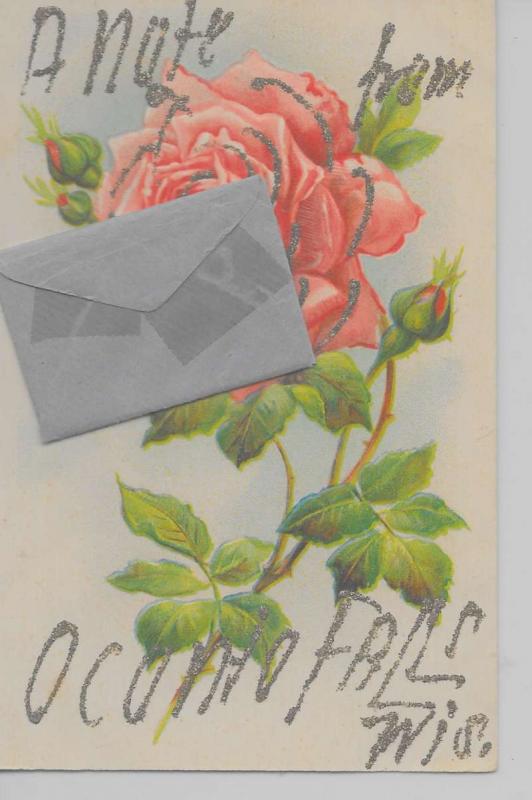 Oconto Falls Wisconsin rose attached envelope glittered antique pc Z19246