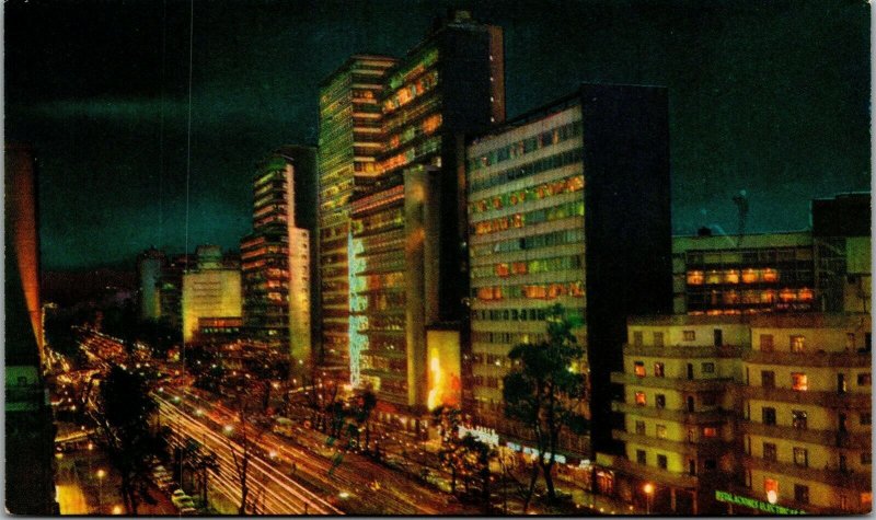 Vtg Mexico City Paseo De La Reforma at Night Street View Mexico D.F. Postcard