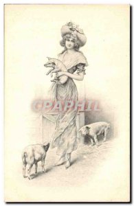 Old Postcard Fantasy Illustrator Woman Pig Pig