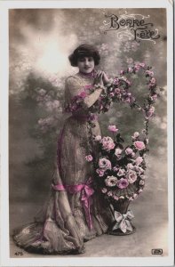 Beautiful Lady Bonne Fete Vintage RPPC C147