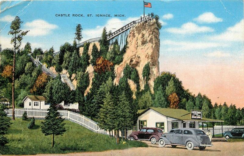 Castle Rock St Ignace MIchigan MI Ojibway Lookout Pontiacs old cars Postcard