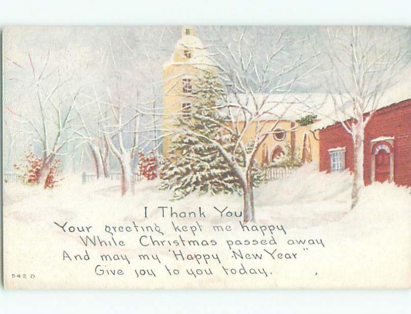 Unused Pre-Linen new year WINTER WONDERLAND SCENE WITH TREES AND BUILDINGS k5008