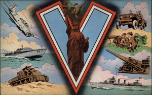 WWII V for Victory Statue of Liberty Tanks Bombers Patriotic Linen Postcard