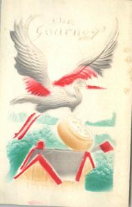 Airbrushed Stork w Baby Birth c1910 Postcard