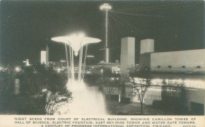 1933 Chicago Expo Court of Electrical Building Night View B&W Postcard Unused