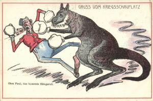 BOER WAR, Caricature, Boxing Paul Kruger Kangaroo hits an English Soldier (1899)