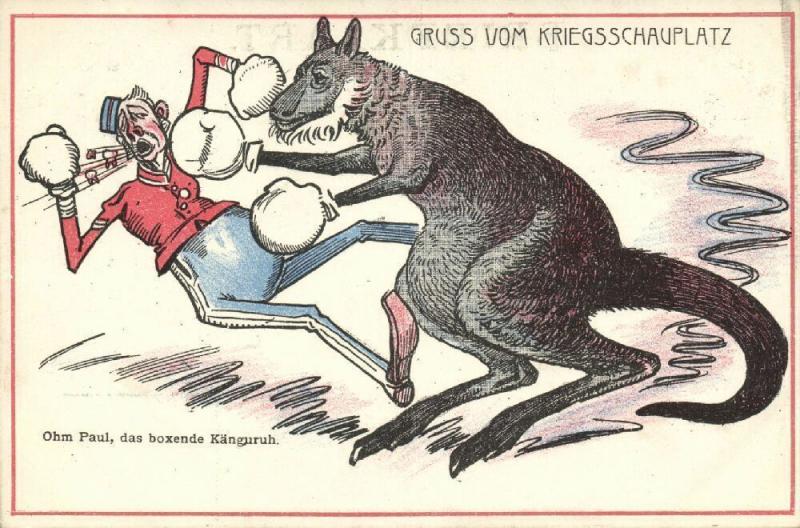 BOER WAR, Caricature, Boxing Paul Kruger Kangaroo hits an English Soldier (1899)