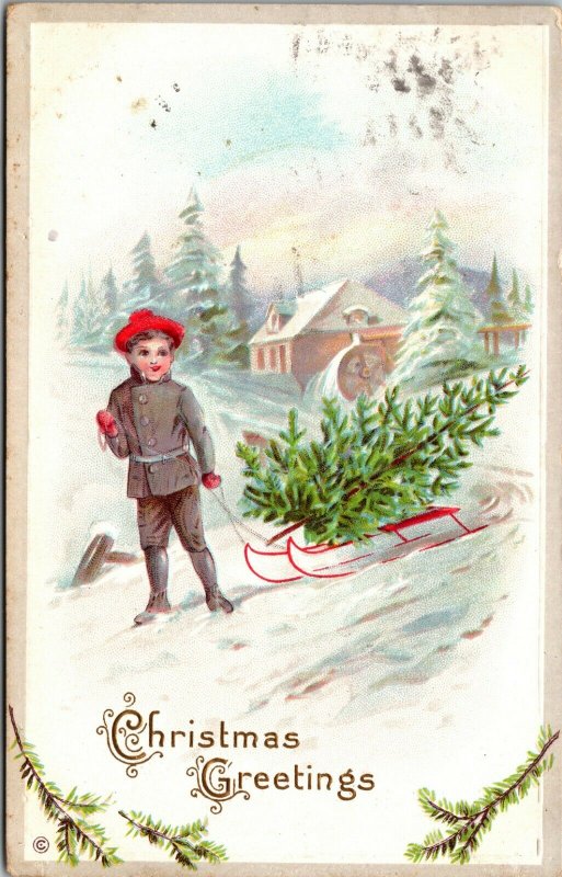 Vintage Postcard Christmas Greeting Sledding Merry Christmas  POSTED