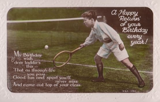 Boy Playing Tennis Court Wild Socks Happy Return Serve Birthday RPC Old Postcard