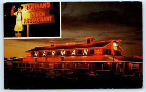 TEMPE, AZ Arizona ~ HARMAN'S RANCH Restaurant Neon c1950s Cars Roadside Postcard