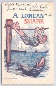 Comics~Man Hanging Over Shark A Lo(ne)an Shark~Vintage Postcard
