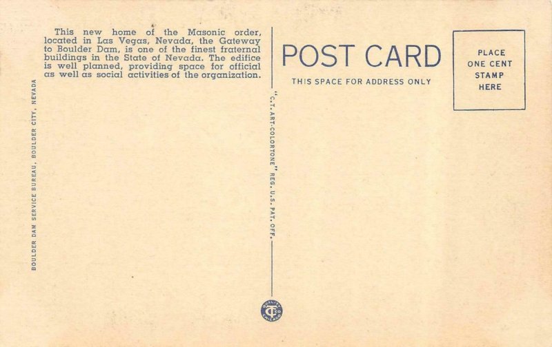 LAS VEGAS, NV Nevada   MASONIC TEMPLE~Fraternal Order   c1940's Linen Postcard