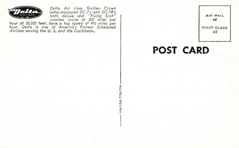 Vintage Postcard Delta Air Lines Golden Crown Radar Equipped DC-7 & DC-7B's