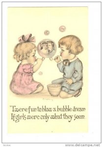 Boy and Girl blowing bubbles, Couple in bubble, 00-10s