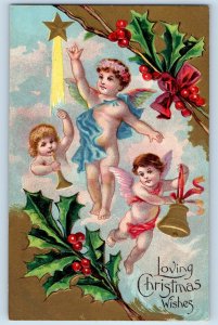 Christmas Postcard Angels Cherub Holly Berries Trumpet Bell Embossed c1910's