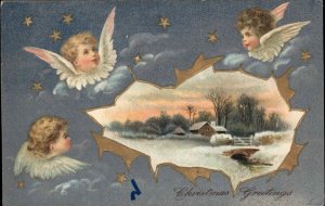 Christmas Child Angels Country Snow Winter Scene c1910 Vintage Postcard