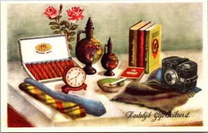 Happy New Year Still Life Cigars Camera Books Clock Vintage Postcard C182