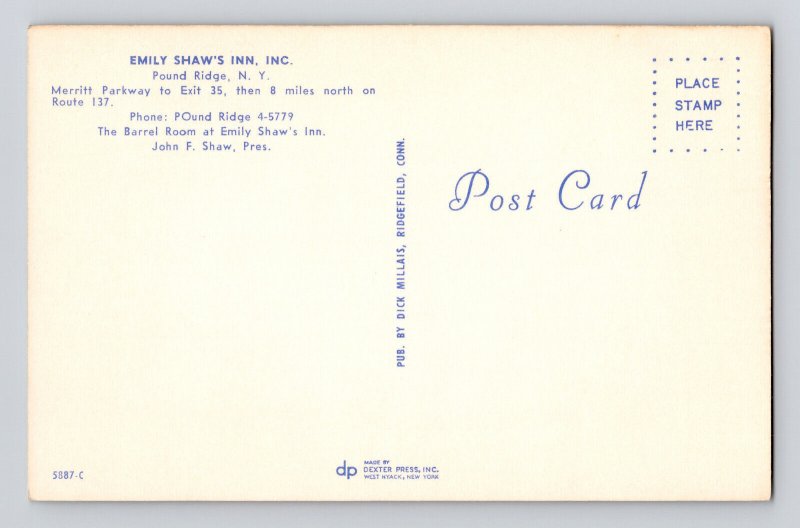 Postcard New York Pound Ridge NY Emily Shaw Inn Restaurant 1960s Unposted Chrome