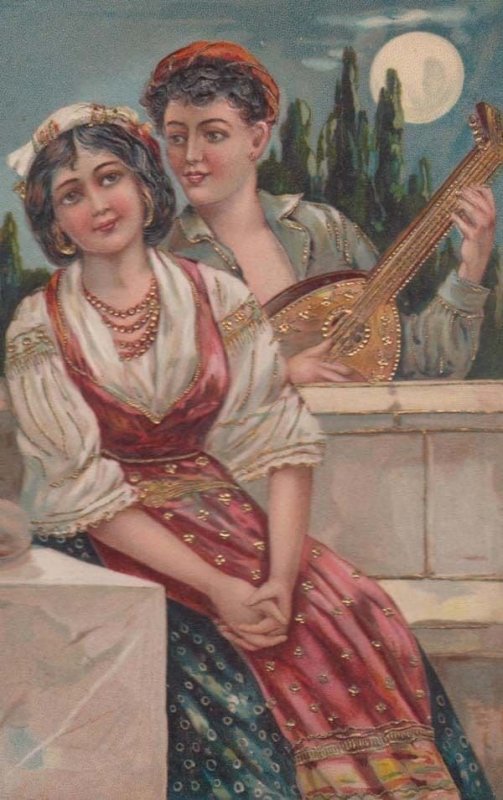 Man + Lady Ukelele Antique Guitar Musical Instrument Singing Romance Postcard