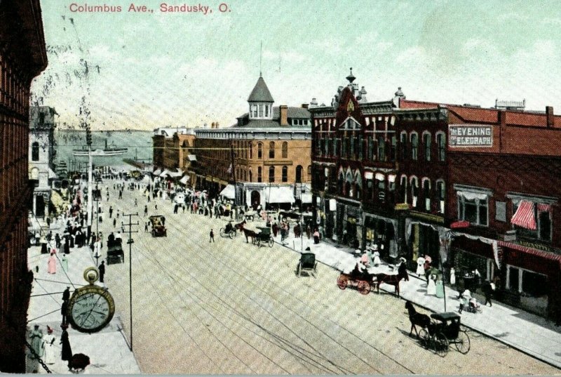 C.1900 Columbus Ave. Downtown Sandusky, Ohio Main St. Steamer Signs Postcard P19 