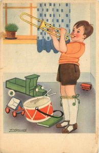 Postcard Dutch Greeting Little Boy Plays Trombone Signed Artist Willy Schermele