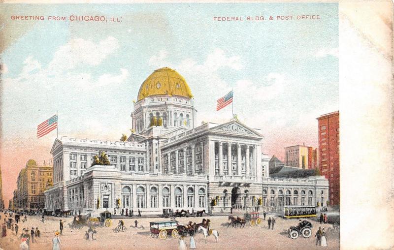 Chicago Illinois~Federal Building & Post Office~Busy Street~Horse & Buggy~c1905