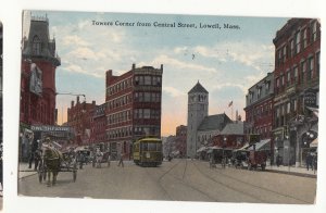 P3296 JL,S postcard 1916 trollies horse wagons etc central st. view lowell mass