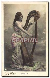 Postcard Old Woman Harp Melodie