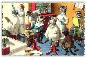 1959 Mainzer Alfred Postcard Cats Dressed Anthropomorphic Barber Shop Haircut