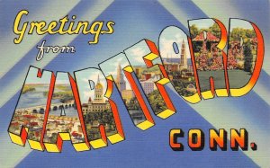 HARTFORD, CONNECTICUT Large Letter Greetings Linen ca 1940s Vintage Postcard