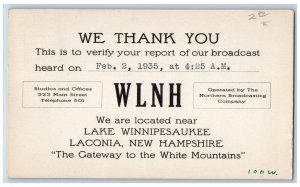 Laconia NH Postal Card WLNH Thank You Verify Report of Broadcast 1935