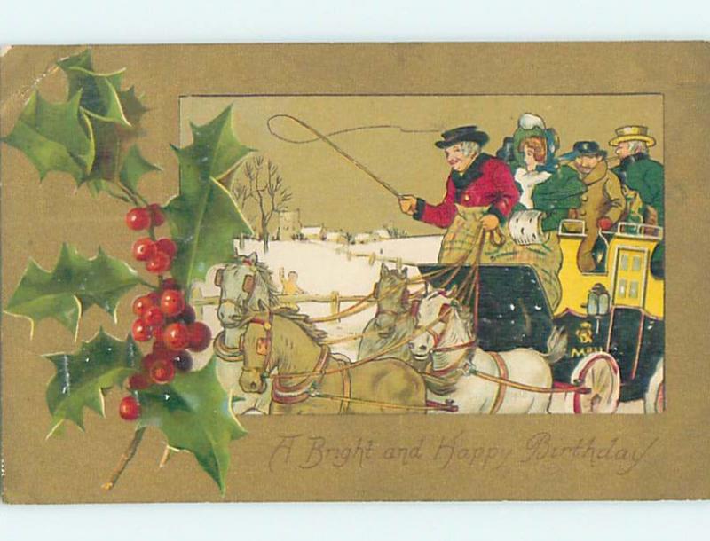 Pre-Linen HORSES PULLING TRAVELERS ON STAGECOACH PLUS CHRISTMAS HOLLY HL6379