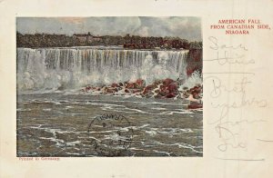 NIAGARA CANADA~AMERICAN FALLS FROM CANADIAN SIDE~1904 PSMK TINTED PHOTO POSTCARD