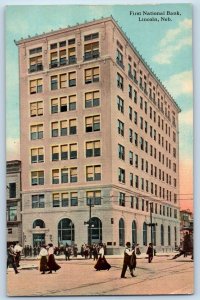 Lincoln Nebraska Postcard First National Bank Building Crowd Exterior View 1910