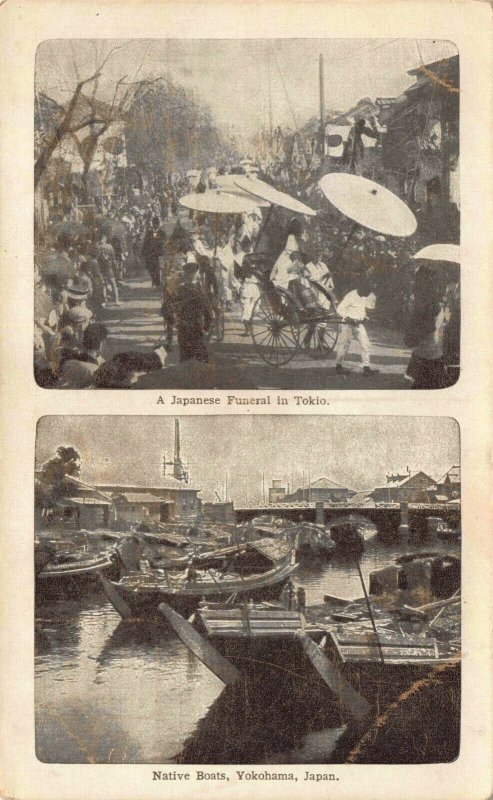 Postcard Japanese Funeral in Tokyo Native Boats in Yokohama Japan~122989