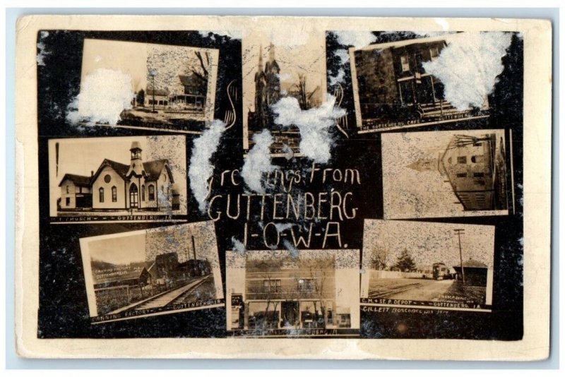 1914 Greetings Multiview Depot Church Factory Guttenberg IA RPPC Photo Postcard