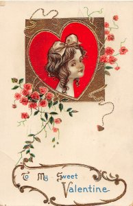 F76/ Valentine's Day Love Postcard c1910 Beautiful Girl Heart 11